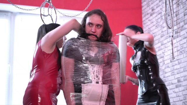 Mistresses tied their maid with cling film tickled feet. Tickling, immobilization.