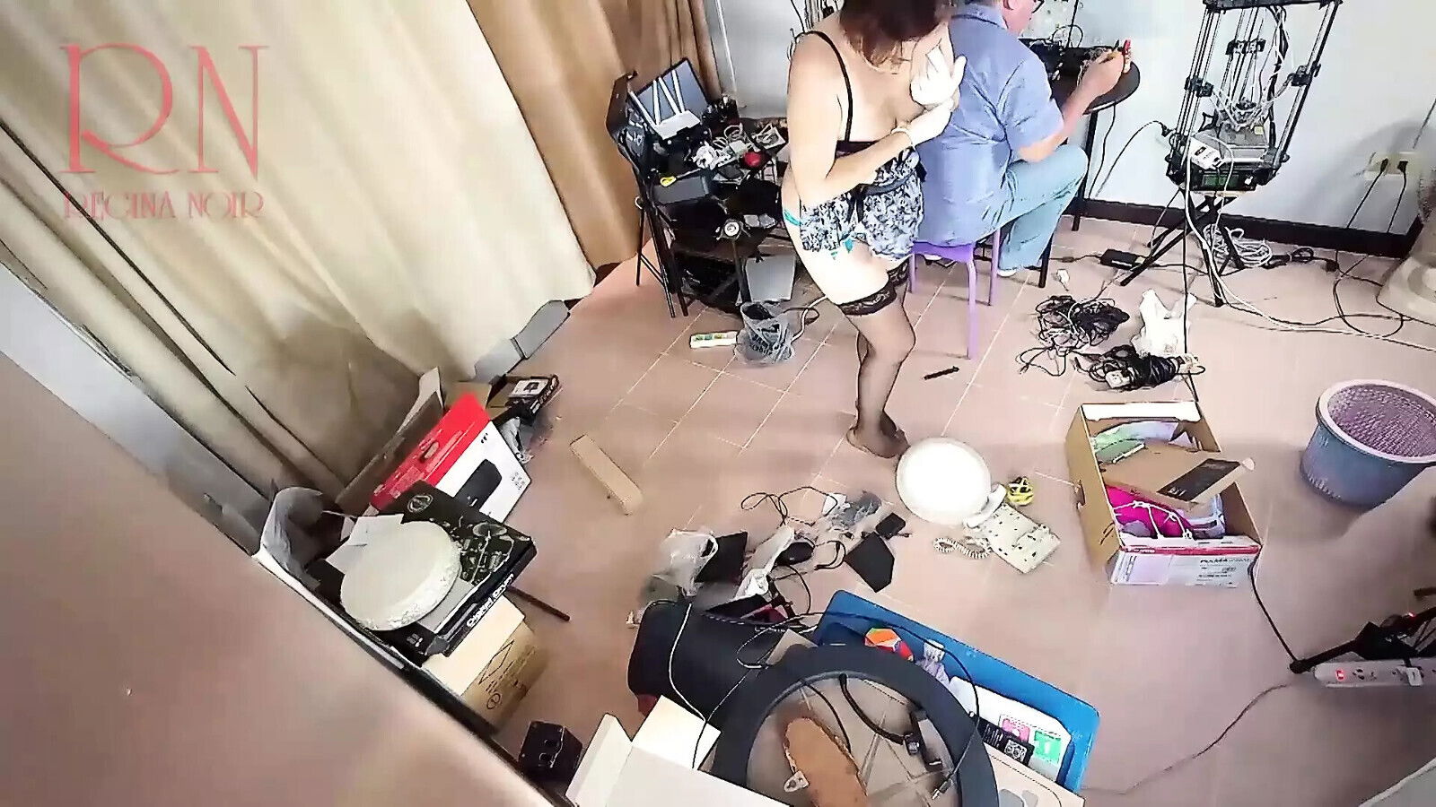 naked maid cleaning stupid engineer's office. Real camera office.