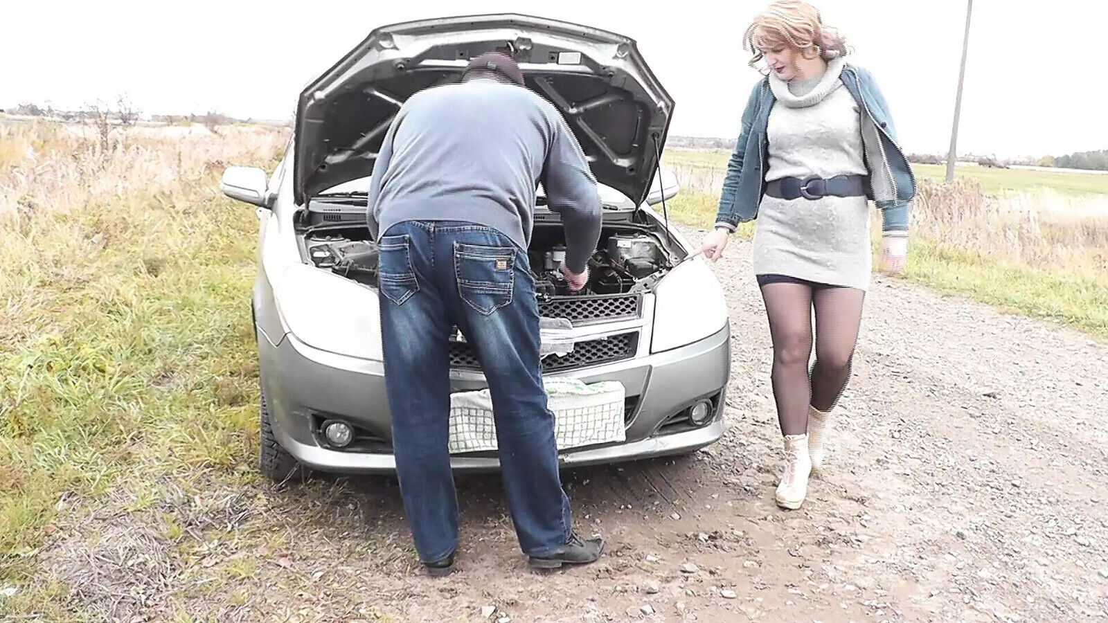 Sexy blonde MILF broke down. Random passerby helped fucked Milf doggy style hood auto. Slut. Whore