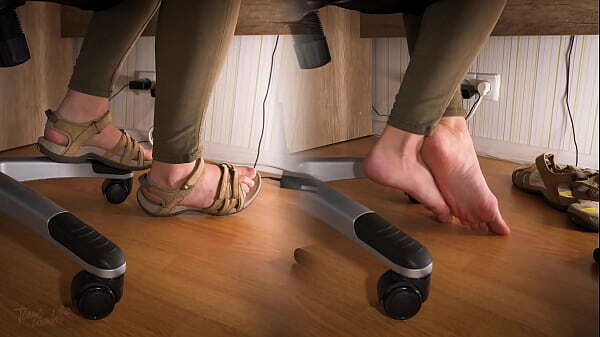 Sneaky Voyeur Watches Natural Feet Worn Sandals Under Table