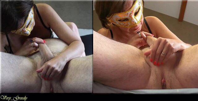 Masked MILF sucks hubby's massaging balls swallows double bottom view