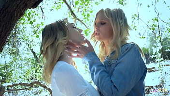 blonde divas indulge lesbian session during their walk woods