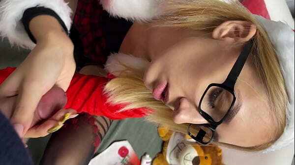 Christmas Girl Nerdy Glasses Secretary teasing giving handjob Miss Santa precum before making already