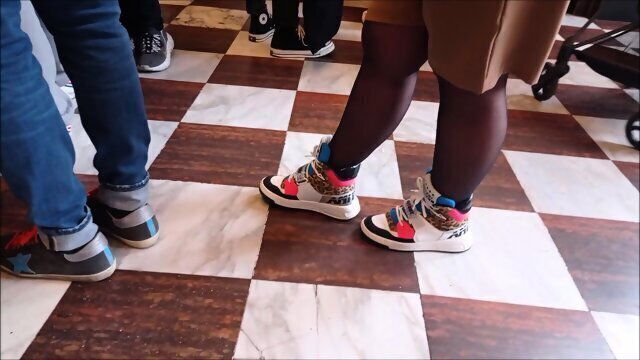 Nylon candid video. Black pantyhose sneakers.