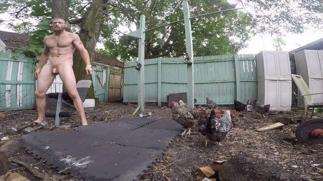 naked outdoor workout with chickens