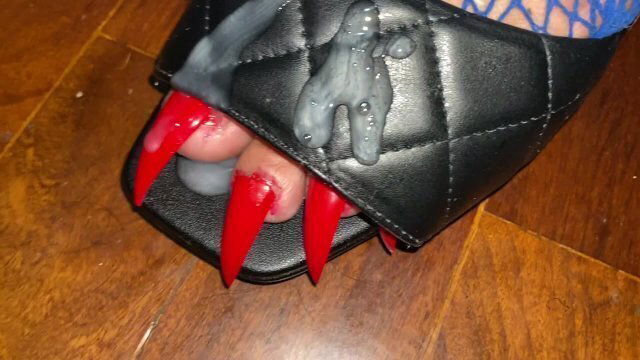 Long toenails claws mules fishnets covered sperm