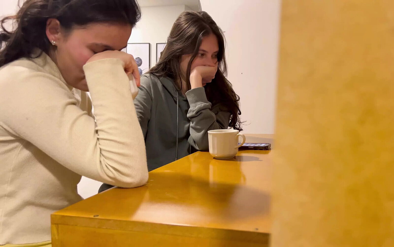 Lesbians touch themselves public then fuck public bathroom while other people need bathroom.