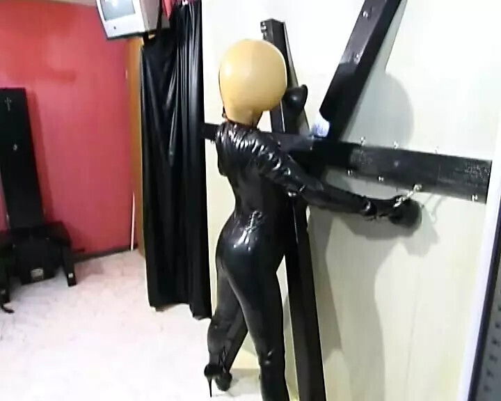 BDSM hardcore latex suit with funnel head