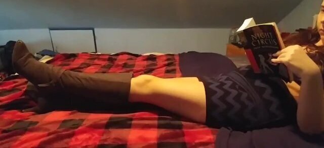 Angelic Jada Reading Ignoring Miniskirt Knee Boots