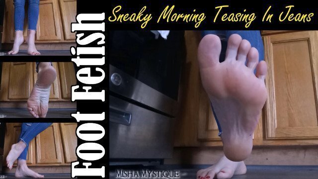 Foot Fetish Sneaky Morning Teasing Jeans barefoot feet fetish blue jeans wrinkled soles