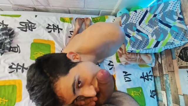 Sucking Camilo Brown's big uncut cock until he cums on my chest POV