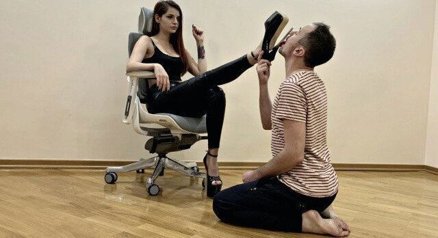 Chic Mistress Sofi In Leather Pants and High Heels - Heels Sucking and Foot Gagging Femdom