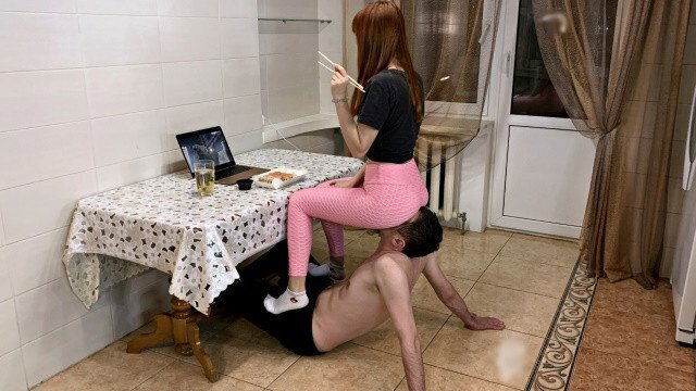 Kira Has Dinner In Kitchen Using Her Boyfriend as Human-Furniture and Chair Ignore Femdom