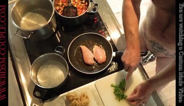 Miss M.'s REAL LIFE SLAVE does the COOKING - LOCKED to the STOVE - 24 minutes