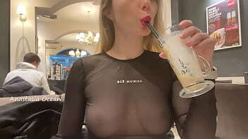Public naked boobs cafe. liberated girl public cafe transparent sweater without underwear.
