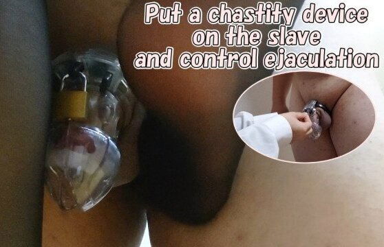 Put on a chastity device and give a footjob to a slave.
