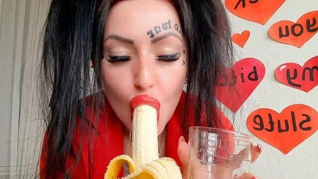 Dominatrix Nika seisually chews fruit spits into your glass. appetit!