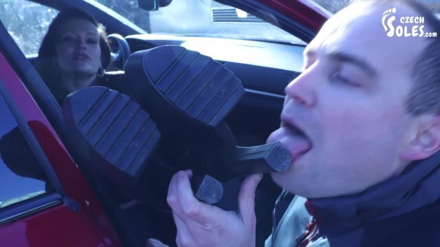 Public boot cleaning slave earning (boots worship, femdom, foot slave, mean foot domination)