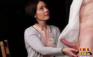 CFNM MILF jerks cock till cum on her black sexy nylons