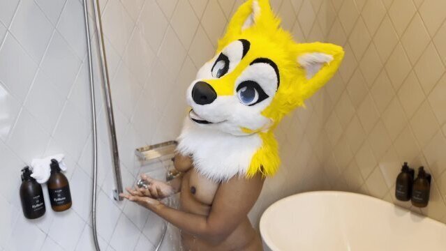 Cute female furry takes morning shower