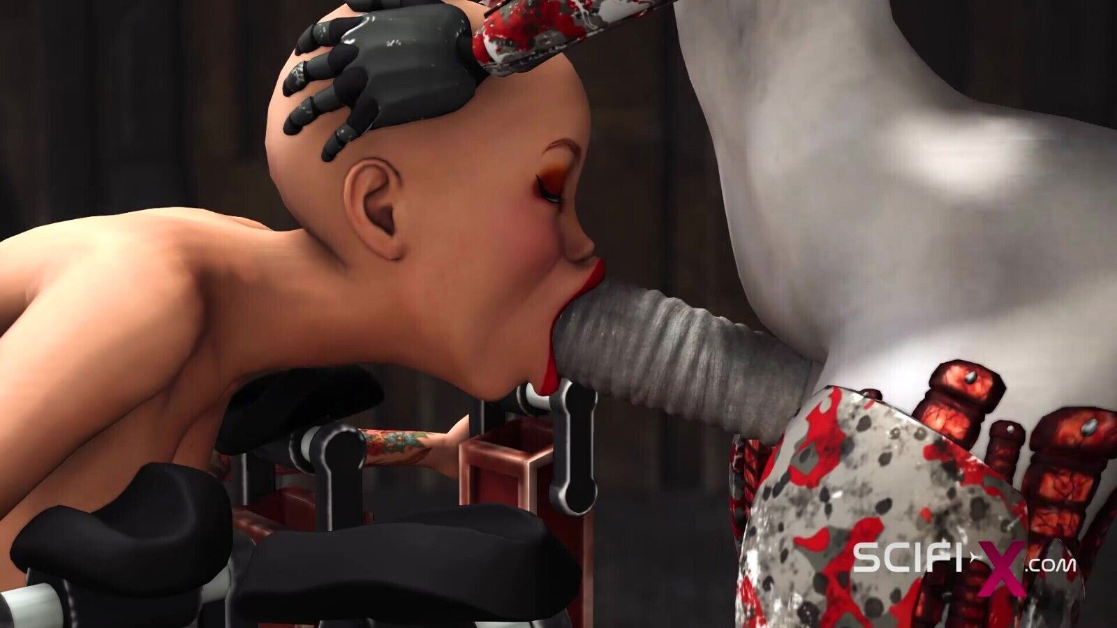 A hot bald young hottie gets fucked by a sex cyborg in the dungeon