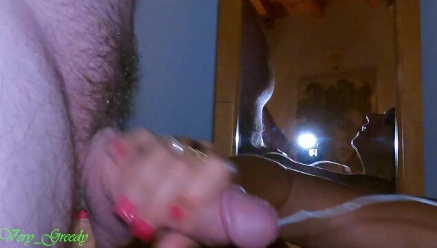 MILF jerks off, sucks gets cumshot front mirror before licking