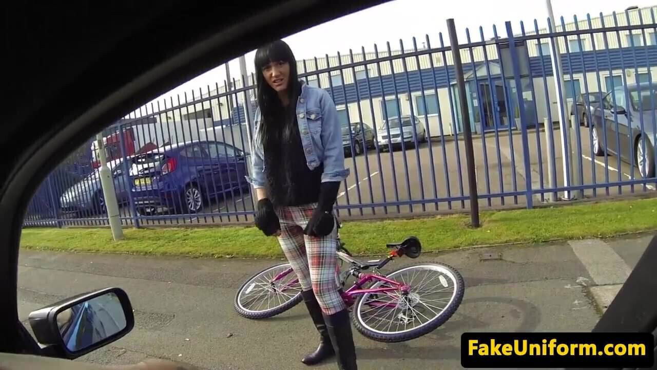 Pulled beauty doggystyled officer outdoors