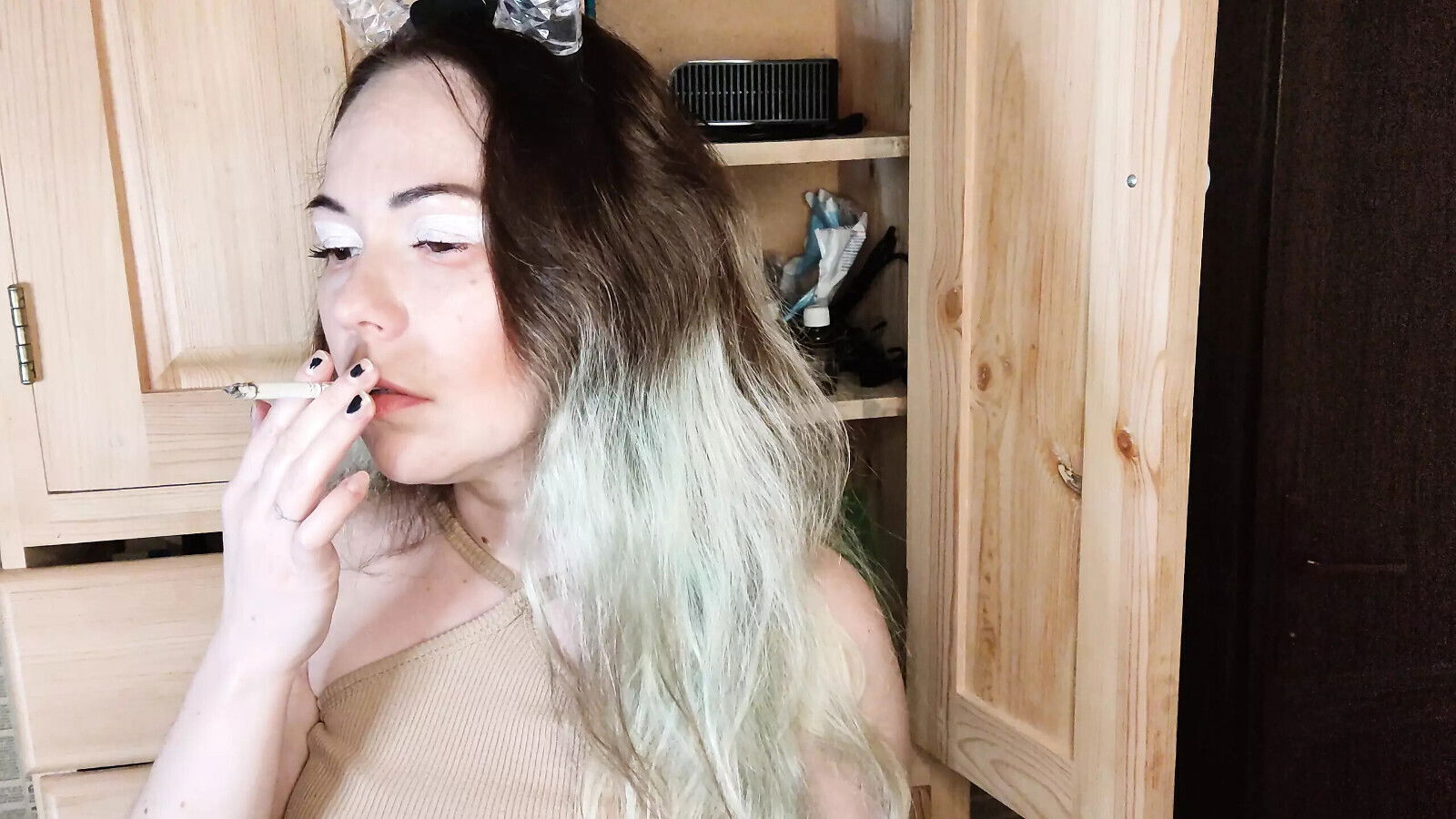 modest stepsister smokes cigarette