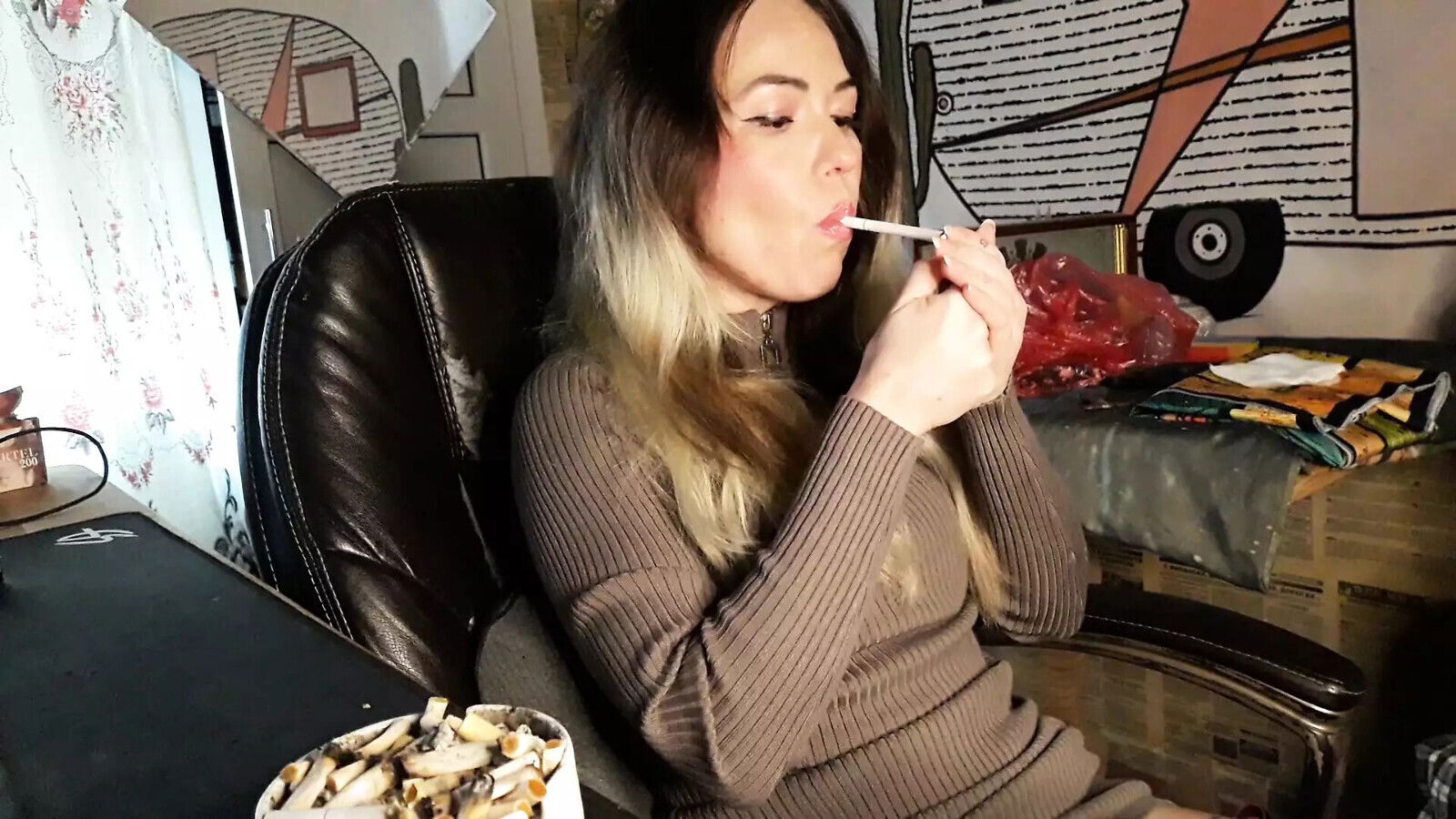 modest wife smokes cigarette