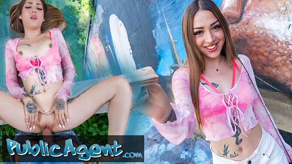 Public Agent Colombian latina worker Europe with tight body, pierced nipples tattoos agrees outdoors