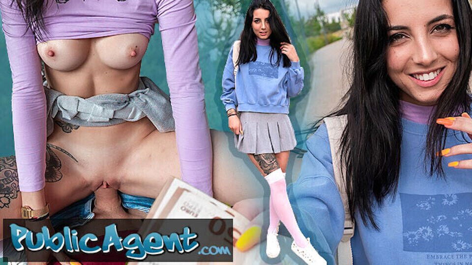 Public Agent slim natural Italian college student flashes natural tight with outdoors