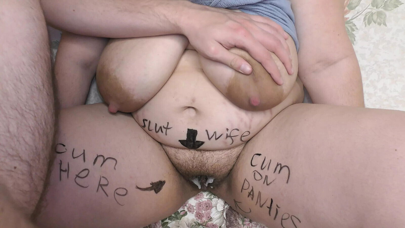 Cuckold husband started jerk boobed slut wife covered body writings! -Milky Mari