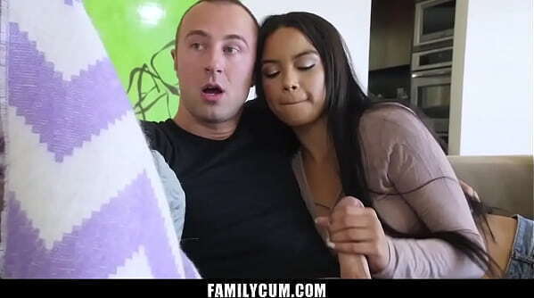 Horny Stepsis Teases Stepbrother'_s Dick Behind Stepmom Watching Scary Movie Familycum