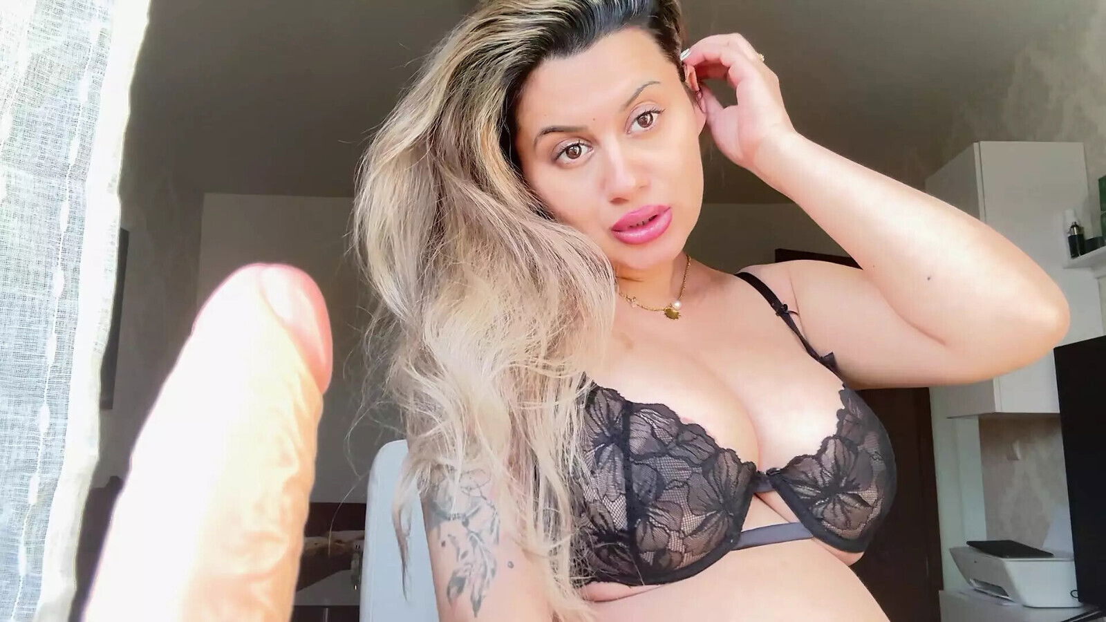 Beautiful blonde teasing blow dildo