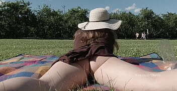 Relaxing picnic park with naked butt. Flashing boobs pussy public.