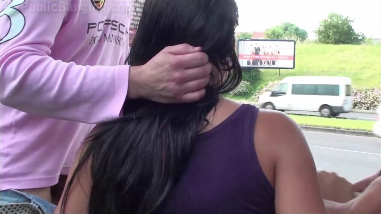 Pretty girl with PUBLIC highway gangbang threesome