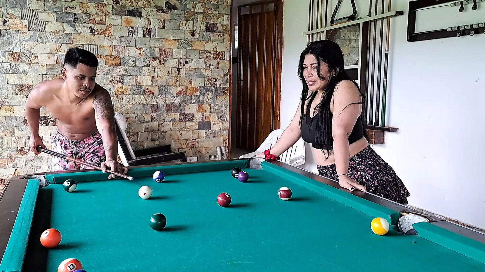 beat mother-in-law playing pool rewards with delicious blowjob
