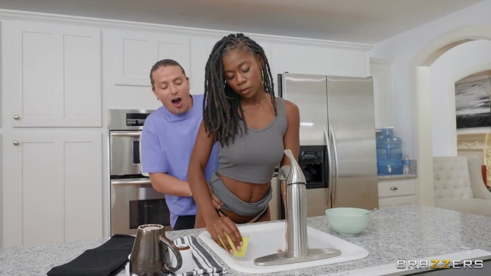 Ebony MILF stepdaughter share white dick