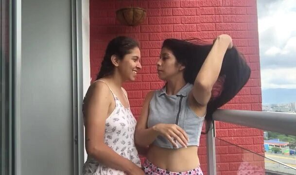 balcony girlfriend comes warm careful with neighbors, they