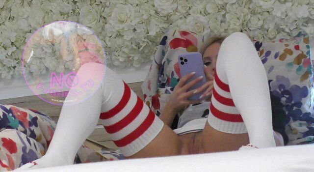 Wide Open Pussy Blonde Petite Babysitter Playing with Phone Bored Ignored