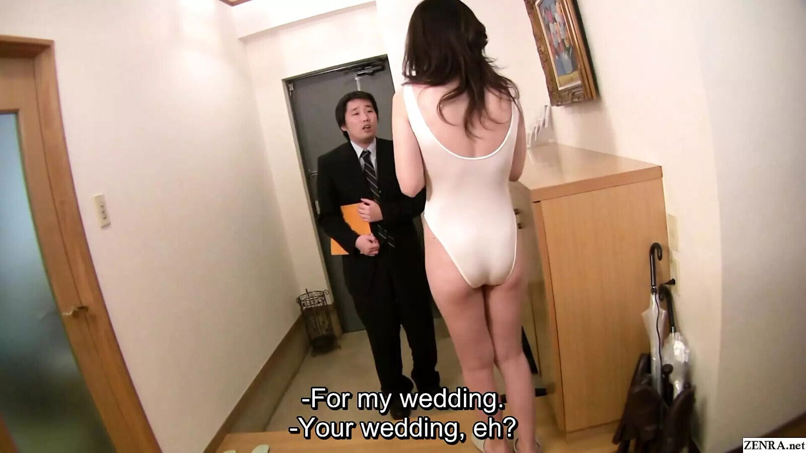 Pale leggy Japanese MILF answers door revealing leotard