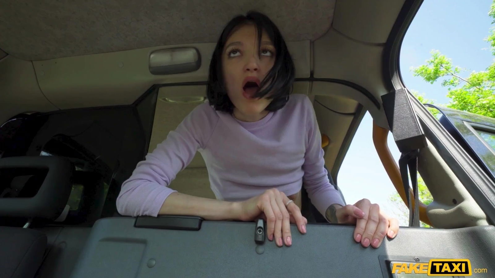 Dashing brunette spread legs back seat taxi waiting driver take payment