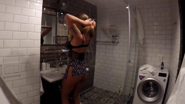 Natural Brunette Wife prepares Bathroom Panties with through