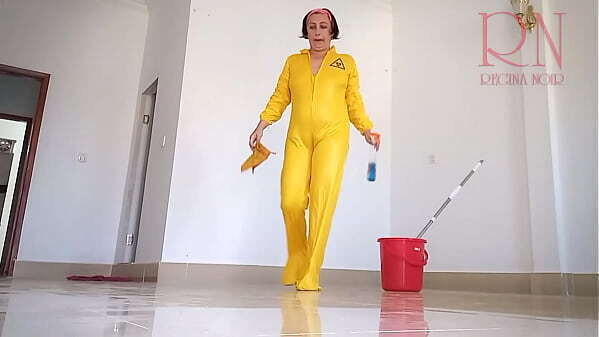 Naked maid cleans office space. Maid without panties. Hall full