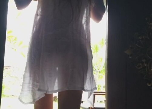 PANTIES fetish# PUBLIC without panties transparent dress Public flashing among bungalows
