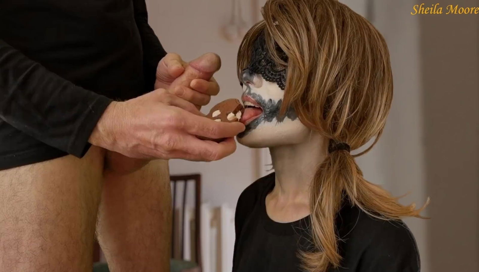 Halloween game with pigtailed teen mask Sheila Moore