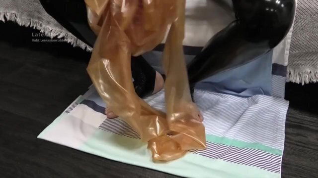 Getting into neck entry catsuit Double layered latex