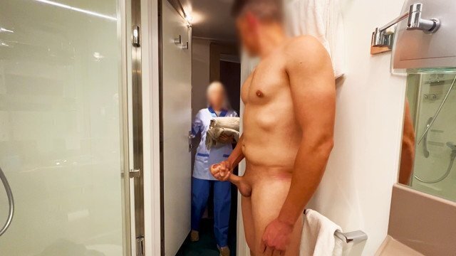 Dick Flash! surprise hotel room service girl helps finish with blowjob