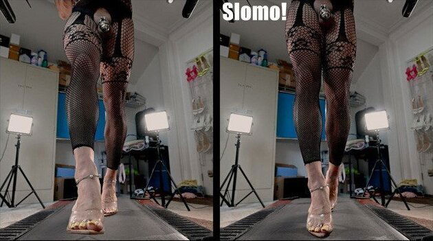 SMOOTTH FEMBOY PERMANENT CHASTITY WALKING STILLETO HEELS FISHNETS