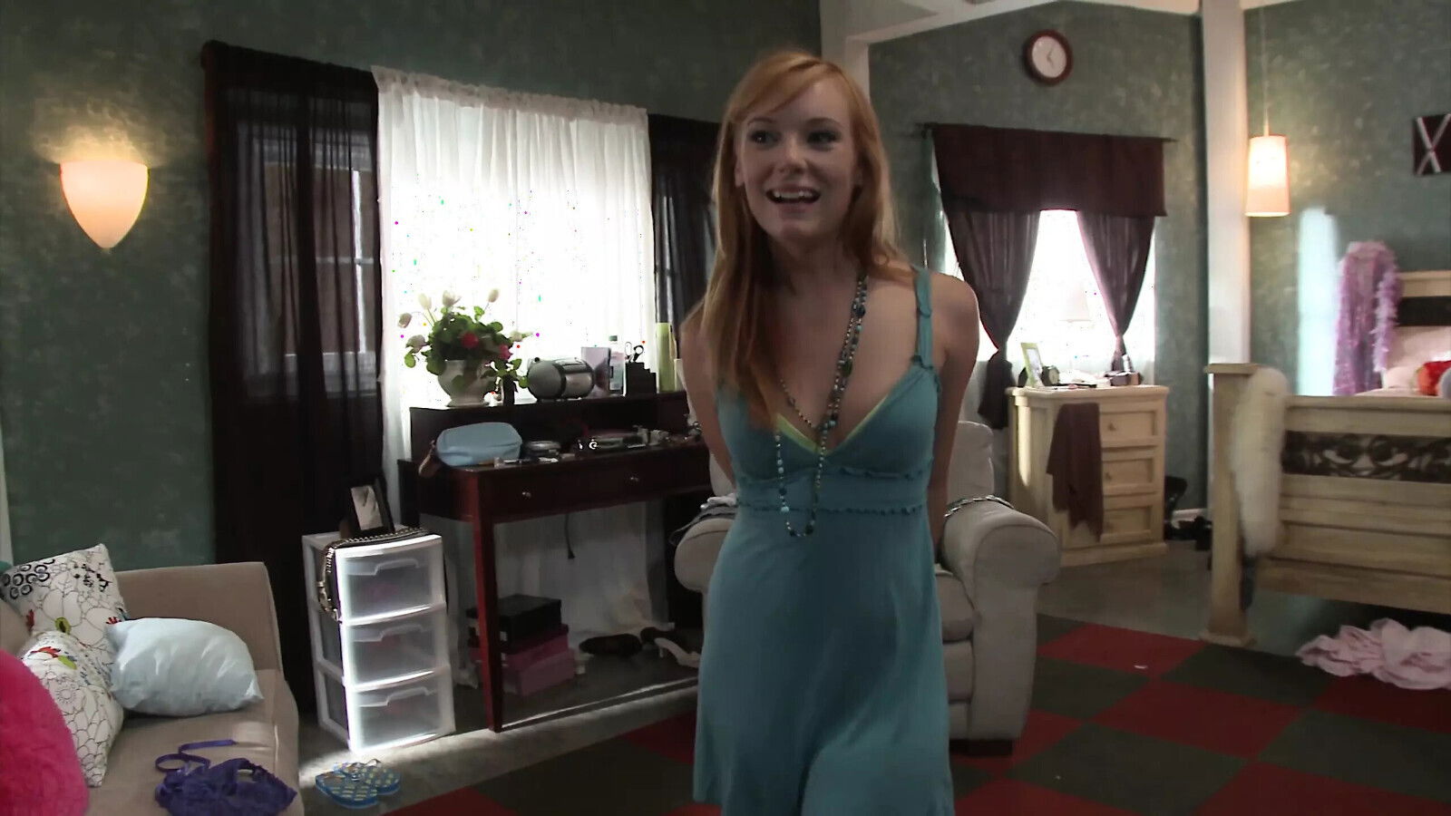 Pretty 18-year-old redhead, Dani Jensen, takes dress, revealing tight little body perky boobs